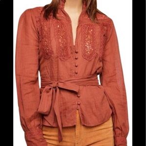 Free People Rust Lace-Front Button Blouse